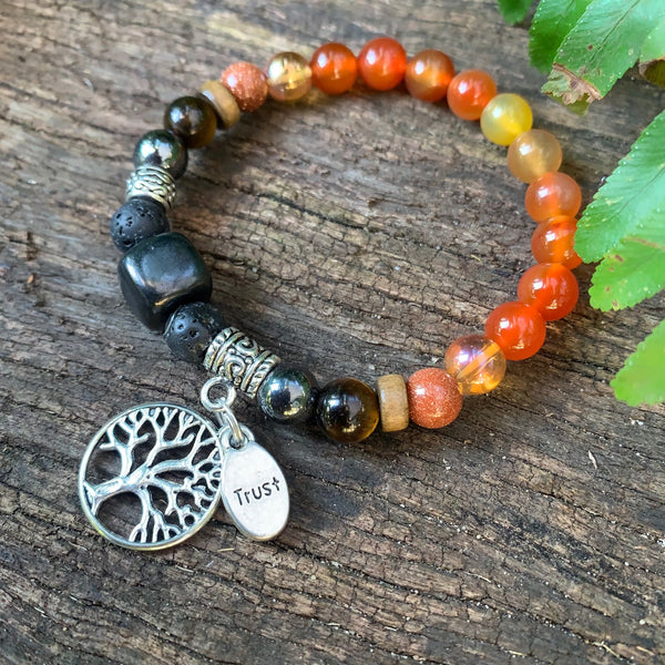 Shungite Amplified SACRAL Chakra Bracelet with Tree of Life Symbol and TRUST Charms ~ Medium [#12]