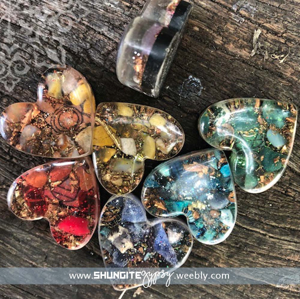 SET of 7 Shungite/Orgone Chakra Hearts ~ #7XREIKI1