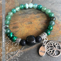 Shungite Amplified HEART Chakra Bracelet ~ GREEN ~ Tree of Life and LOVE charms ~ Large [#28]