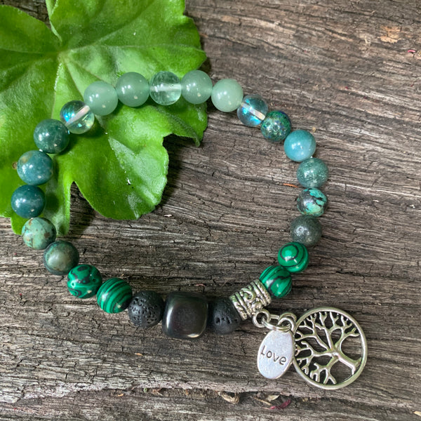 Shungite Amplified HEART Chakra Bracelet ~ GREEN ~ Tree of Life and LOVE Charms ~ Medium+ [#30]