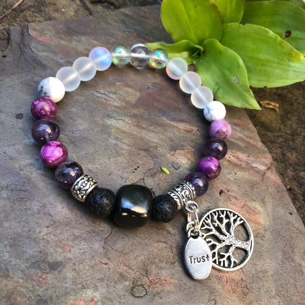 Shungite Amplified CROWN Chakra Bracelet with Tree of Life and TRUST Charms ~ Medium [#30]